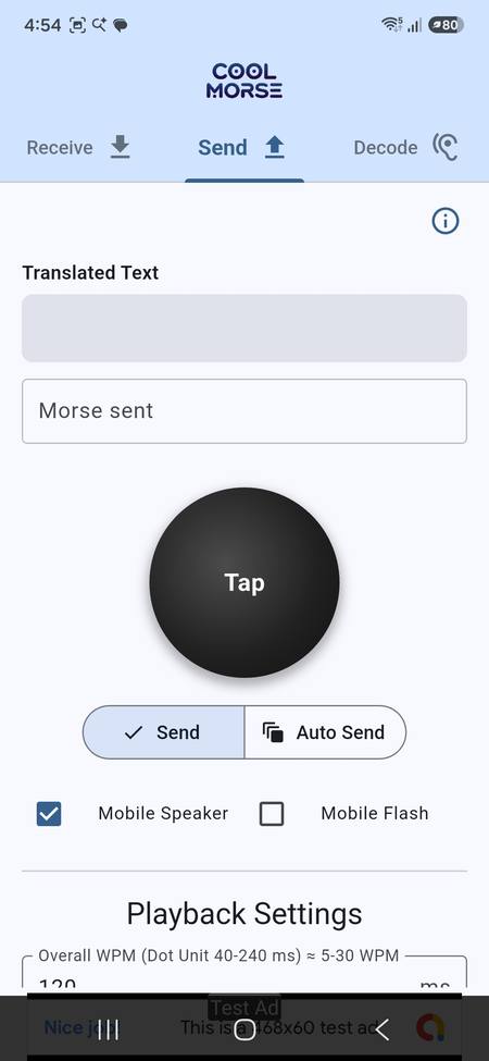 Kyulemorse Send tab: a large Tap button for manual keying, with Send and Auto Send modes